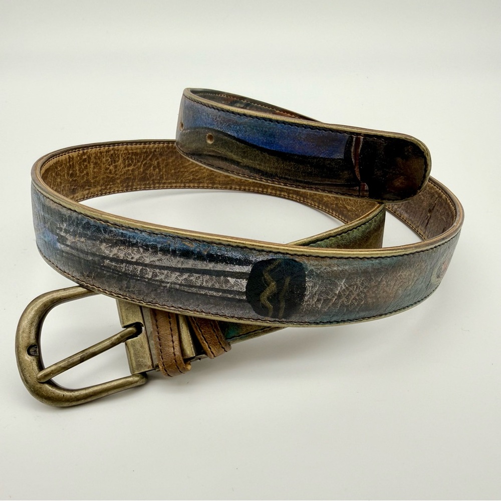 JANE YOO Artistic Hand Painted Leather Belt with Brass Buckle 39" Long